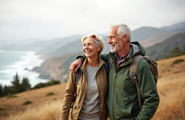 Elderly couple hike coastal mountains. Smile, enjoy beautiful nature view with ocean backdrop. Man, woman wear backpacks, embrace active healthy lifestyle. Happy journey outdoors, exploring scenery