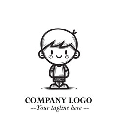 Black and White Chibi Boy Illustration with Jacket and Boots in Bold Thick Line Art Minimal Style