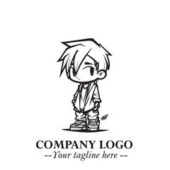 Black and White Chibi Boy Illustration with Jacket and Boots in Bold Thick Line Art Minimal Style