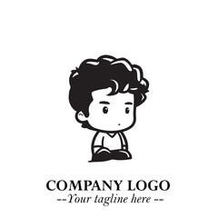 Black and White Chibi Boy Illustration with Jacket and Boots in Bold Thick Line Art Minimal Style