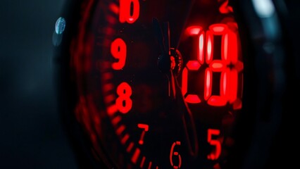 Intense close up of a red digital clock face glowing in the dark, capturing urgency and time.