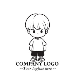 Black and White Chibi Boy Illustration with Jacket and Boots in Bold Thick Line Art Minimal Style