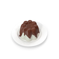 Plate of delicious vanilla pudding with chocolate syrup isolated on transparent background, 3D PNG