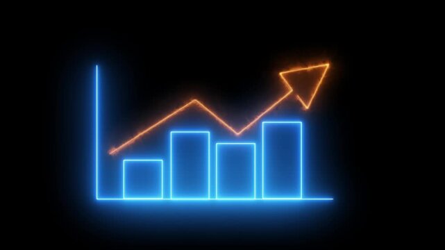 Neon glowing bar chart with fiery upward trending arrow on black background showing business growth and financial success abstract concept