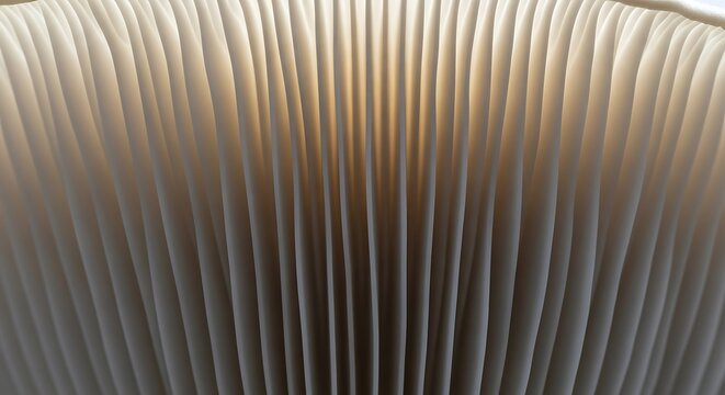 Abstract macro shot of mushroom gills, showcasing the delicate and intricate natural patterns, textures, and parallel structures of fungi under soft, diffused light