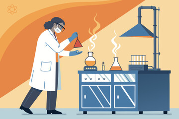 Scientist heats chemical solution on a lab burner.