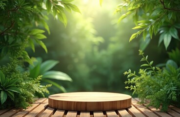 Obraz premium Wooden podium on deck surrounded by green plants and trees in nature. Empty circular stage for product display or presentation. Blurred forest background with sunlight shining through leaves.