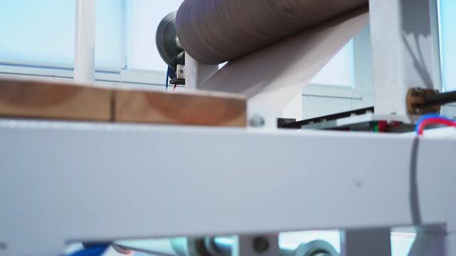 Unrolling foil sheet with wooden texture pattern on production line at manufacturing plant. Laminating film for windowsill plastic profile decor in industrial facility