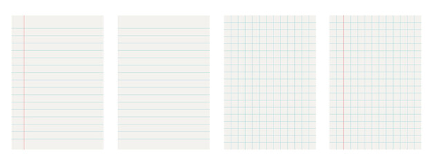 Set of paper sheets from a notepad,paper sheets with lines and cells