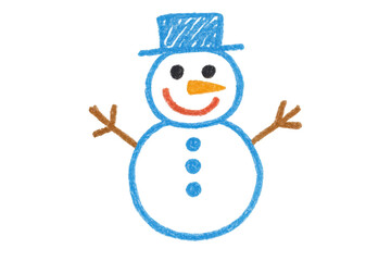 Child's crayon drawing of a smiling snowman wearing a blue hat, happy winter character illustration