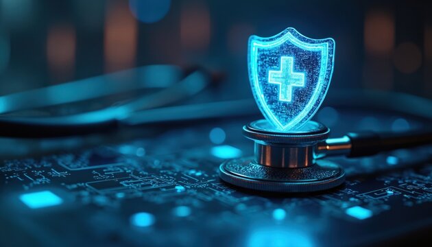 Stethoscope lies with medical shield on dark tech background. Digital cross in healthcare symbolises data protection. Represents importance for cybersecurity, telehealth, patient information safety