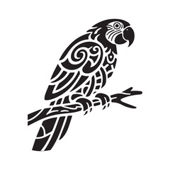 Stylized Tribal Macaw Parrot on Branch Tattoo Logo with Bold Intricate Patterns.
