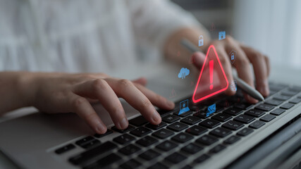 Cybersecurity threat alert protects data. Cyber security threat alert prevents access, alert warns...