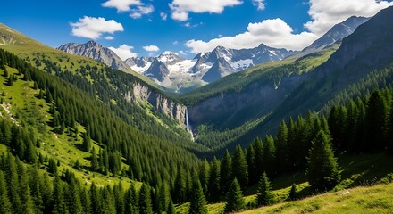 Breathtaking panoramic view of a pristine alpine valley, featuring dense evergreen forests, majestic snow-capped peaks, and a captivating distant waterfall under a vibrant blue sky