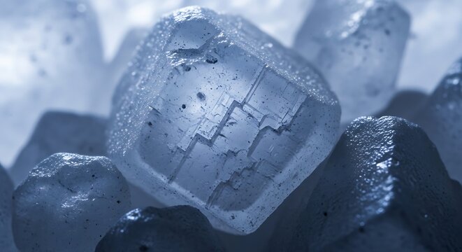 Macro view of crystalline sugar cubes with subtle blue hues and textured surfaces
