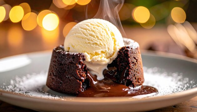 Chocolate lava cake with molten center and vanilla ice cream.