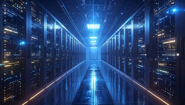 A perspective of a data center, lit in blue, with servers and a mirrored hallway - Powered by Adobe
