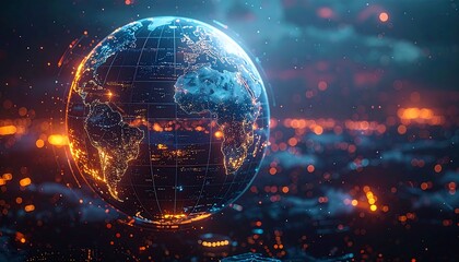 Glowing blue earth floating over a hazy cityscape with lights sparkling in the background against a dramatic sky