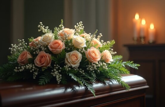 Floral arrangement with roses and plants rests on a closed casket. Candles glow softly in the background, creating a somber atmosphere. This scene signifies remembrance, loss, and final farewell.