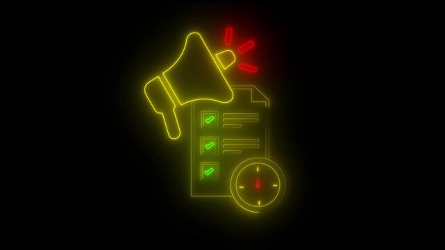 Neon megaphone announcement checklist and clock glowing on black background concept for urgent news important updates time sensitive information and communication