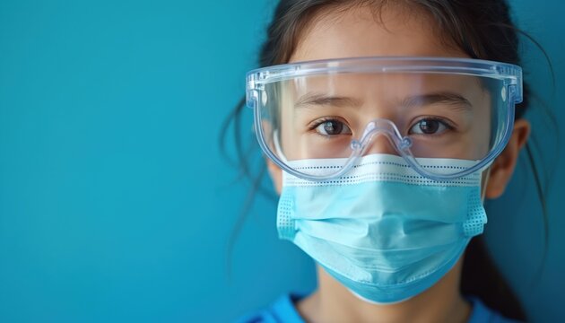 Young child wears face mask and safety goggles. Girl dressed in blue medical scrubs has calm expression. Isolated on blue background. Healthcare pro concept. - Powered by Adobe