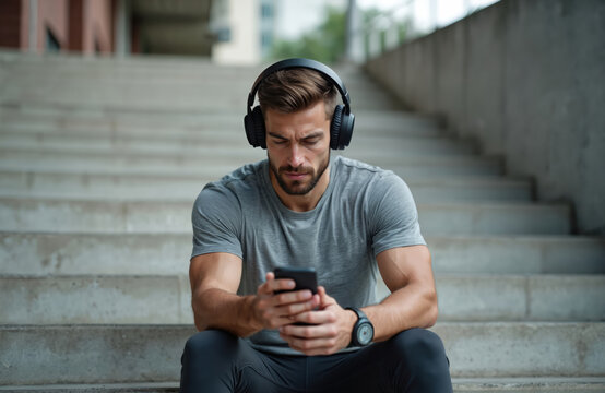 Young athletic man sits on urban concrete steps wearing black headphones. Uses smartphone, checking messages listening to music app. Guy enjoys modern tech lifestyle in city environment, active rest,