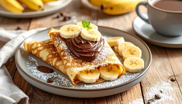 Classic crepes folded with Nutella and banana slices, powdered sugar.