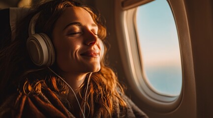 Relaxed young woman listening to music on airplane during flight