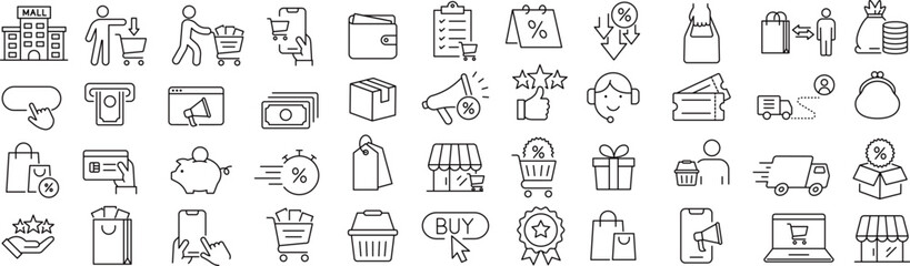 ベクターでモノクロの買い物・支払いに関する線画アイコンセット
