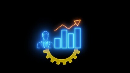 Neon businessman silhouette with glowing bar graph and upward arrow on black background representing business growth success and financial progress with gear element symbolizing industry and - Powered by Adobe