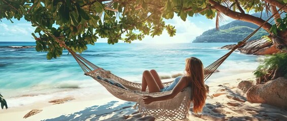 Young woman in a swimsuit relaxes in a hammock on a sandy beach, amidst the turquoise sea under the shade of a large tree - Powered by Adobe