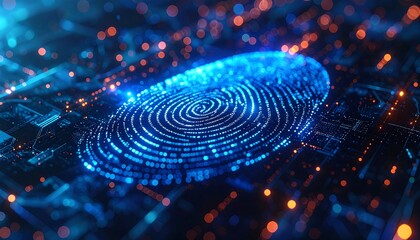 Glowing blue fingerprint on a circuit board backdrop with orange orbs of light, creating an intense electronic effect