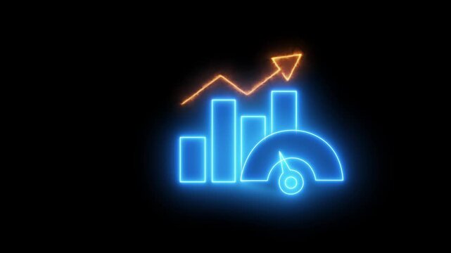 Neon glowing bar chart with upward arrow and speedometer icon indicating growth and performance on black background abstract digital concept