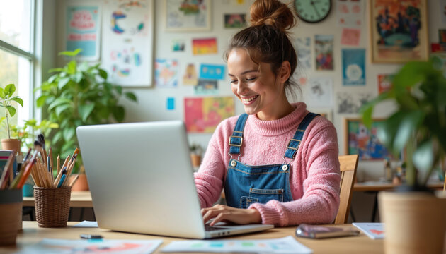 Smiling young woman works on laptop at colorful home art workspace. Female student uses computer for study. Freelancer types at desk. Interior with decorations, plant, pictures on background.