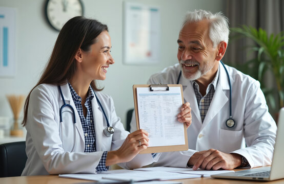 Doctor shows senior patient encouraging test results on clipboard. Woman medic consults mature man at desk. Smile, discuss healthcare in office. Insurance, telemedicine consultations concepts in