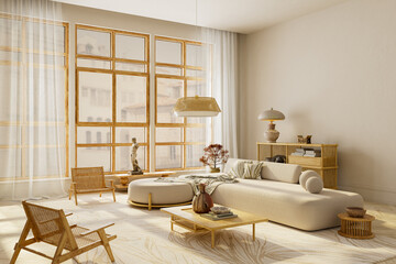 Wide angle minimalist living room interior with large window, cozy sofa and negative space for text, modern Japandi home aesthetic. 3D illustration