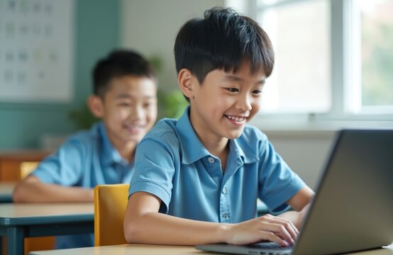 Asian schoolboy uses laptop in class. Happy student studies in classroom. Boy learns online with computer. Smiling pupil homework. Education, technology, children, learning, school, study, classroom, - Powered by Adobe
