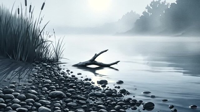 Serene riverbank at dawn with smooth pebbles and foggy trees in the background