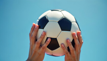 Woman holds soccer ball against bright blue sky. Female player prepares to kick football on sunny day. Hands with manicure lift ball. Active lifestyle activity concept for team sports.