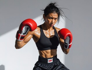 Kickboxing fighter silhouette in black, powerful training stance and motion, isolated on white background.