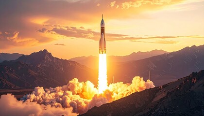Space Rocket Launching Into Sunset Sky With Mountain Landscape And Dramatic Clouds