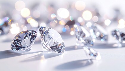 Sparkling Round Cut Diamonds Scattered on a White Surface with Soft Bokeh Lights in the Background