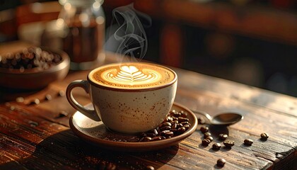 Steaming Hot Coffee with Latte Art and Scattered Beans on a Rustic Wooden Table During the Day