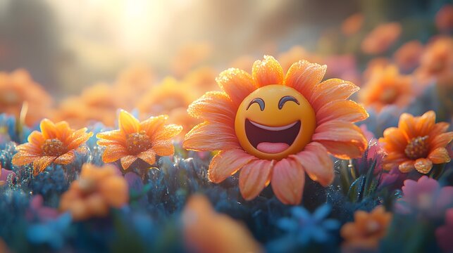 A whimsical close-up shows a field of orange, daisy-like flowers, one with a bright yellow smiley face, conveying joy and cheerfulness in a vibrant, sunlit garden setting.