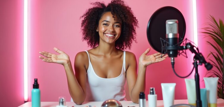 Smiling young woman with makeup records podcast for beauty vlog with skincare products. She talks about cosmetic care tips sharing advice on web. Influencer shares knowledge live.