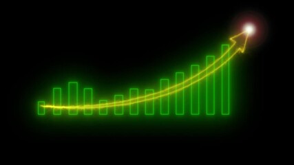 Neon green bar graph with glowing yellow arrow showing upward trend and growth on black background financial success concept - Powered by Adobe
