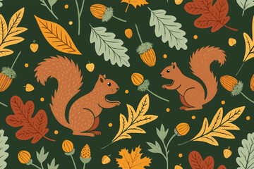 Squirrel silhouettes with acorns, seamless autumn pattern. © graphix