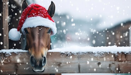 Festive horse wearing a Santa hat gazes over a snow-covered fence in a winter wonderland scene