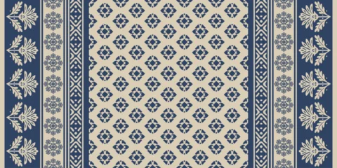 Canvas schilderij Boho stijl  Traditional ethnic floral embroidery pattern with beige motifs on blue background, inspired by Indian saree textile design, perfect for clothing, carpet, fabric, decoration, and fashion artwork.  © supachai