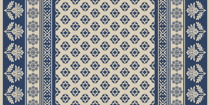  Traditional ethnic floral embroidery pattern with beige motifs on blue background, inspired by Indian saree textile design, perfect for clothing, carpet, fabric, decoration, and fashion artwork.